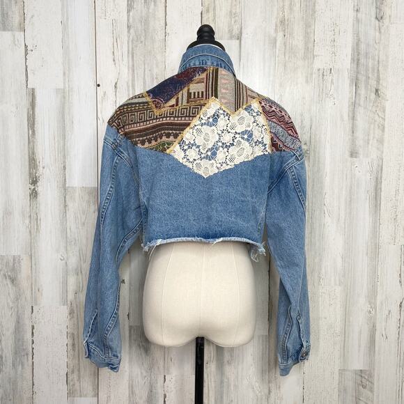 Carmar Tapestry Crop Jean Jacket Blue Denim LF Lace Boxy Festival Boho Size XS - Picture 5 of 9